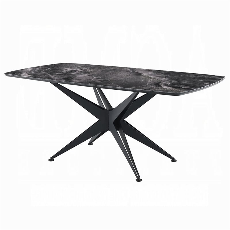 Pemberly Row 71 Inch Dining Table Crystal Glass Top Black Geometric Base