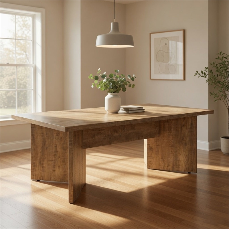 Pemberly Row 84 Inch Dining Table Rectangular Top V Shape Pedestal Base Brown