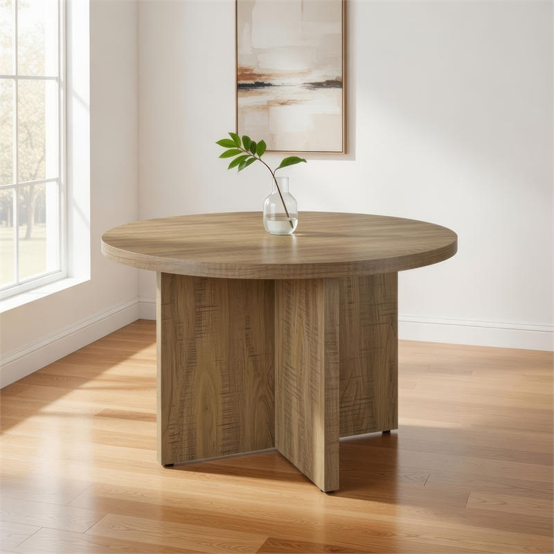 Pemberly Row 47 Inch Dining Table Round Top X Cross Legs Natural Brown Wood