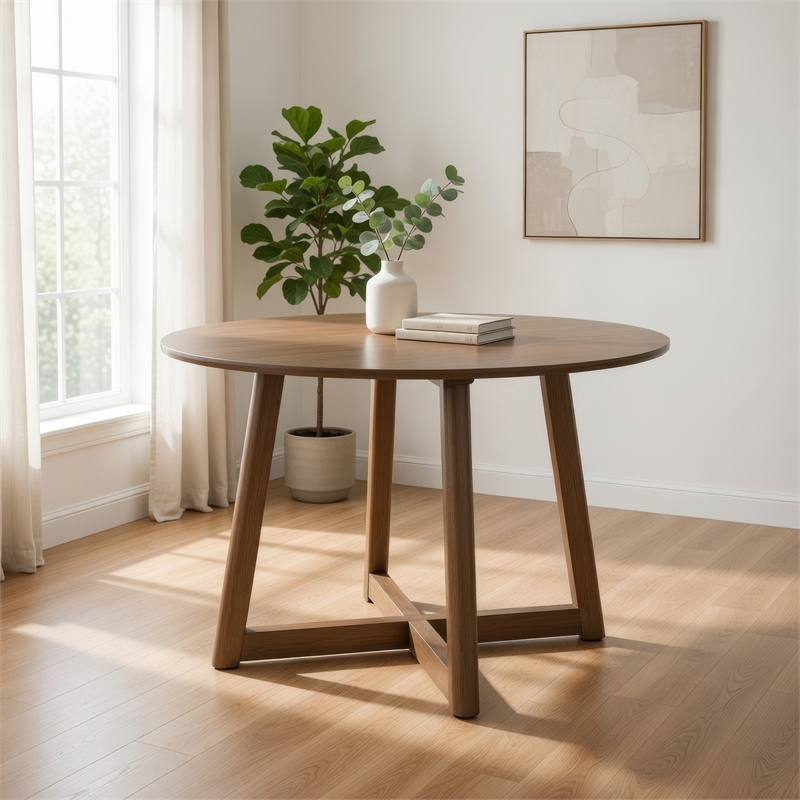 Pemberly Row 47 Inch Dining Table Round Top Interlocking Legs in Walnut Brown