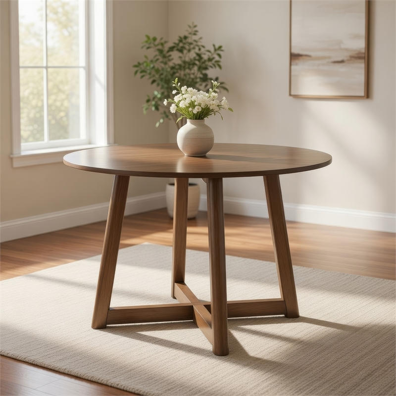 Pemberly Row 47 Inch Dining Table Round Top Interlocking Legs in Walnut Brown
