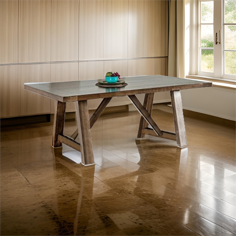 Pemberly Row 76 Inch Dining Table Rectangular Top Trestle Base in Brown Wood