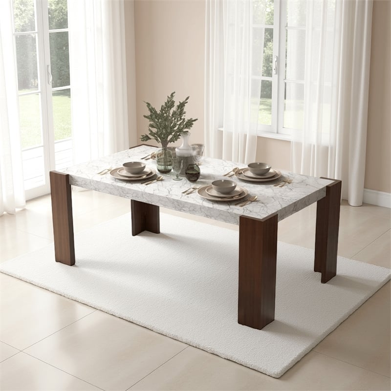 Pemberly Row 72 Inch Dining Table White Rectangular Faux Marble Top Brown Wood