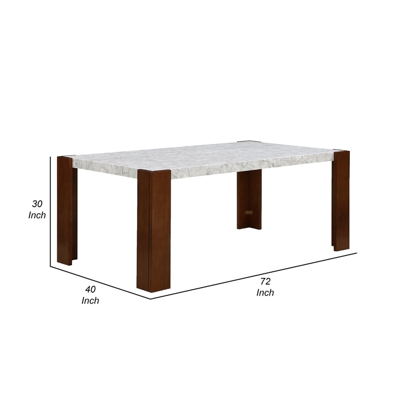 Pemberly Row 72 Inch Dining Table White Rectangular Faux Marble Top Brown Wood