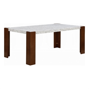 Pemberly Row 72 Inch Dining Table White Rectangular Faux Marble Top Brown Wood