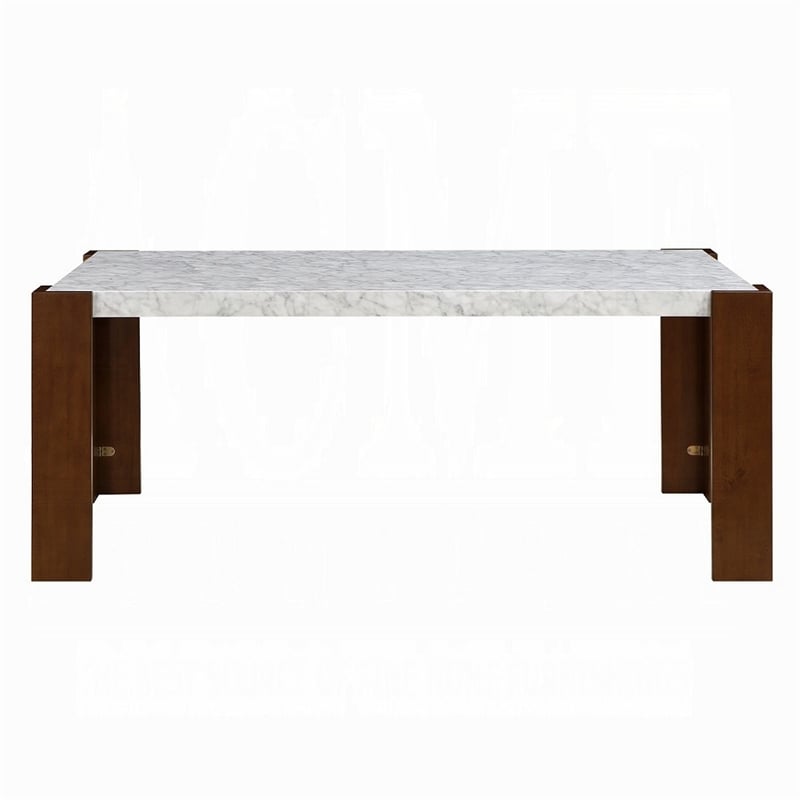 Pemberly Row 72 Inch Dining Table White Rectangular Faux Marble Top Brown Wood