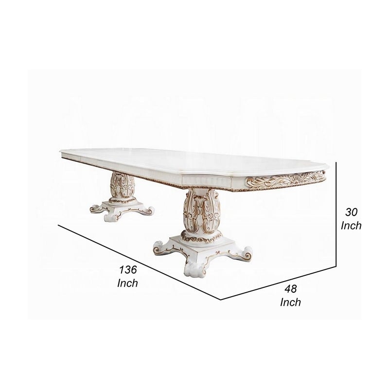Pemberly Row 94 to 136 Inch Dining Table Carved Double Pedestal Pearl White