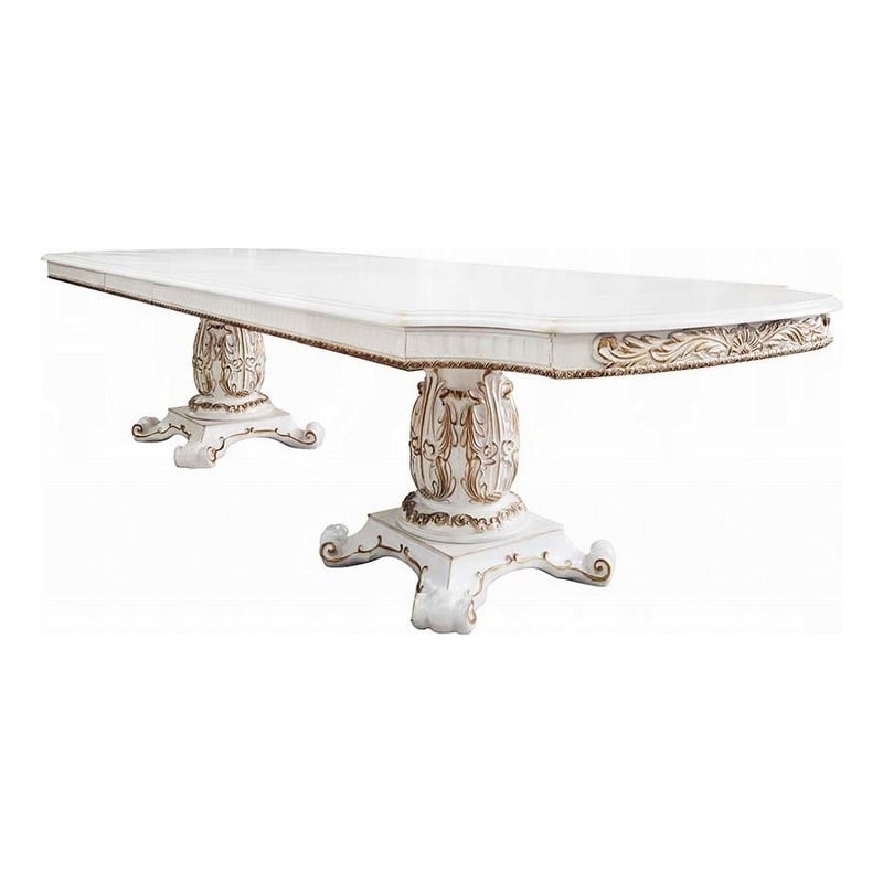 Pemberly Row 94 to 136 Inch Dining Table Carved Double Pedestal Pearl White