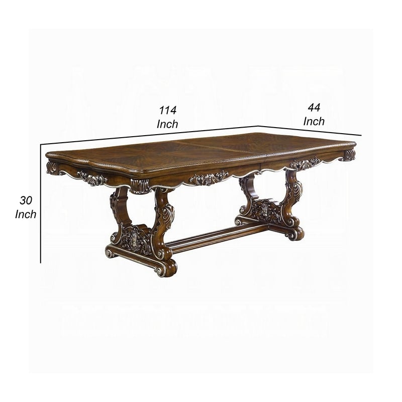 Pemberly Row 90 to 114 Inch Dining Table Carved Silver Trim Classic Antique Oak
