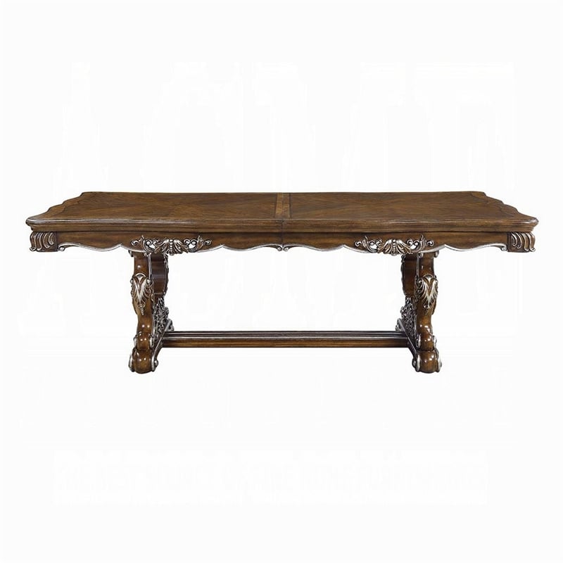 Pemberly Row 90 to 114 Inch Dining Table Carved Silver Trim Classic Antique Oak