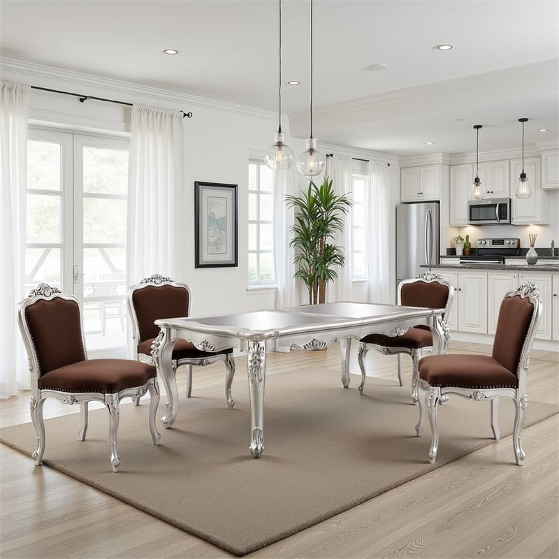 Pemberly Row 80 to 96 Inch Dining Table Mirrored Classic Champagne Silver Wood