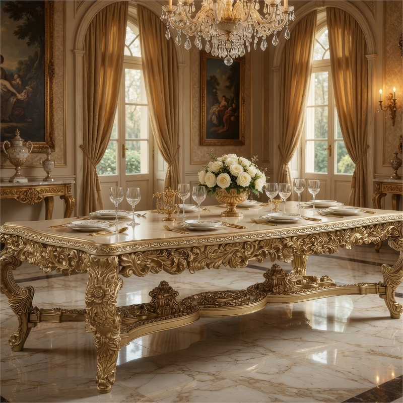 Pemberly Row 111 Inch Dining Table Classic Carved Gold Wood Rectangular Top