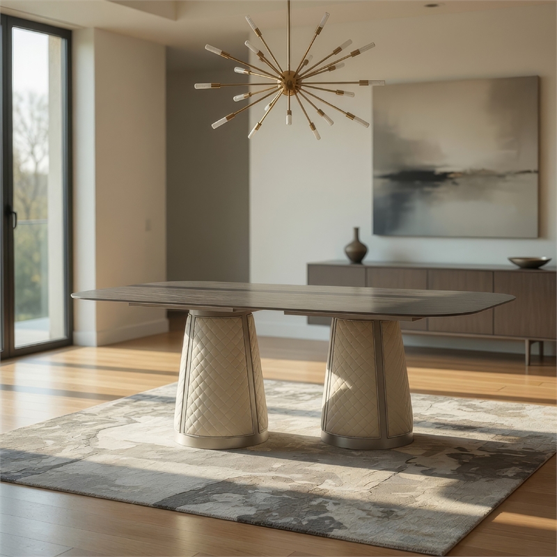 Pemberly Row 82 Inch Dining Table in Gray Black Sintered Stone Rectangular Top