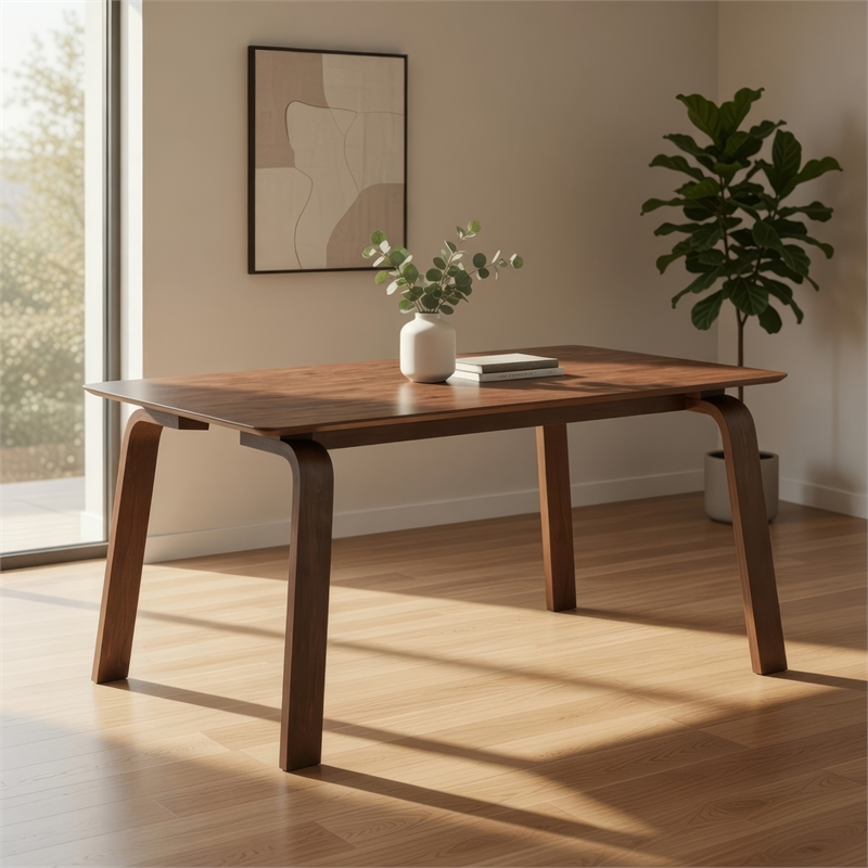 Pemberly Row 63 Inch Dining Table in Walnut Brown Wood Bent Legs Rectangular