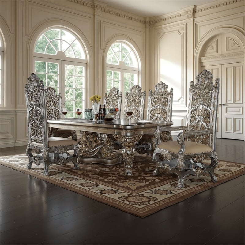 Pemberly Row 110 Inch Dining Table Classical Carved Design Champagne Gold