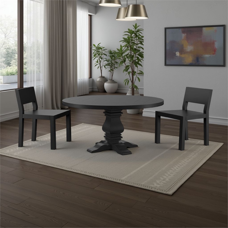 Pemberly Row 60 Inch Round Dining Table Pedestal Base Antique Style Black