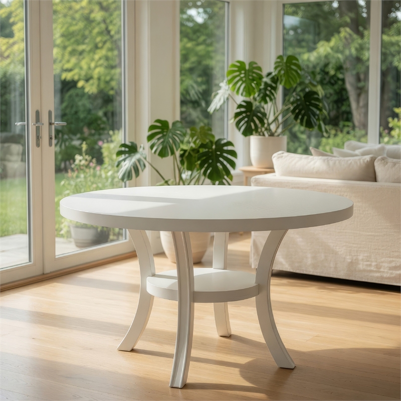 Pemberly Row 54 Inch Round Dining Table with Shelf Flared Legs White Wood