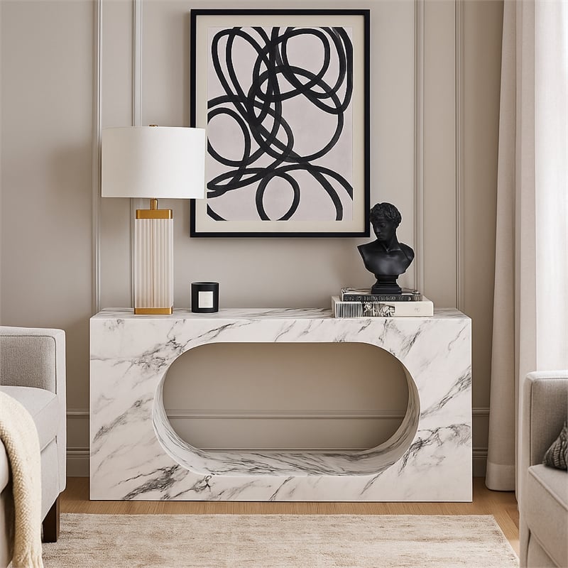 Pemberly Row 59 Inch Console Table White Marble Faux Stone Modern Design