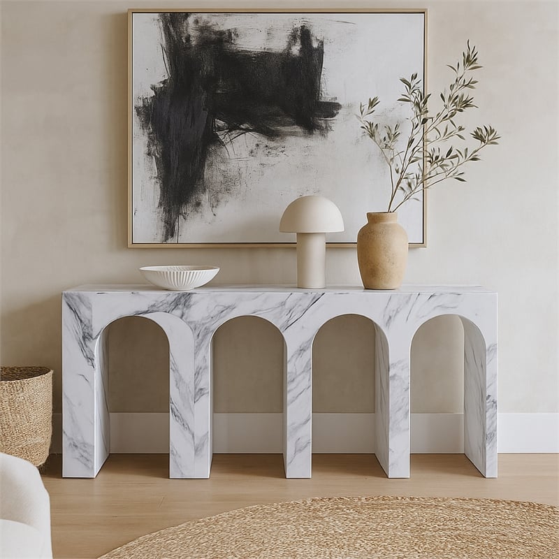 Pemberly Row 59 Inch Console Table White Marble Faux Stone Arched Design