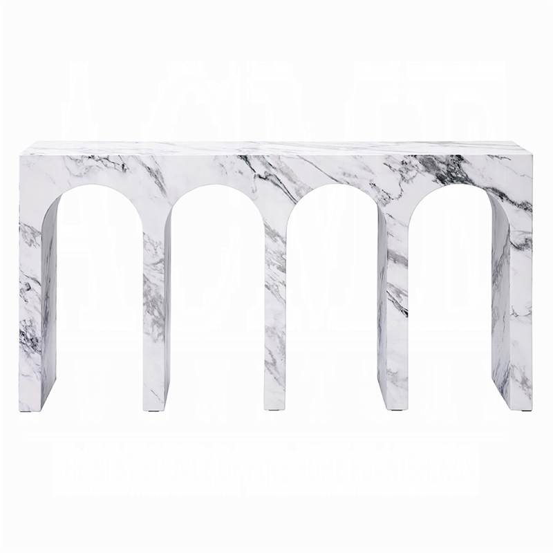 Pemberly Row 59 Inch Console Table White Marble Faux Stone Arched Design