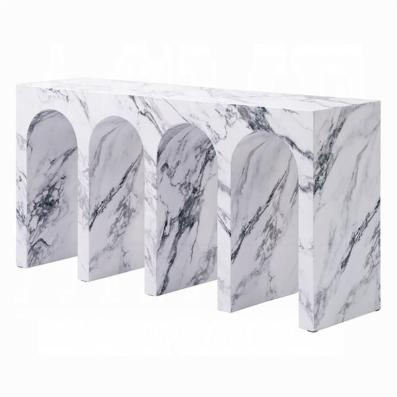 Pemberly Row 59 Inch Console Table White Marble Faux Stone Arched Design