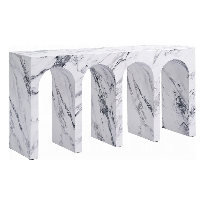 Pemberly Row 59 Inch Console Table White Marble Faux Stone Arched Design