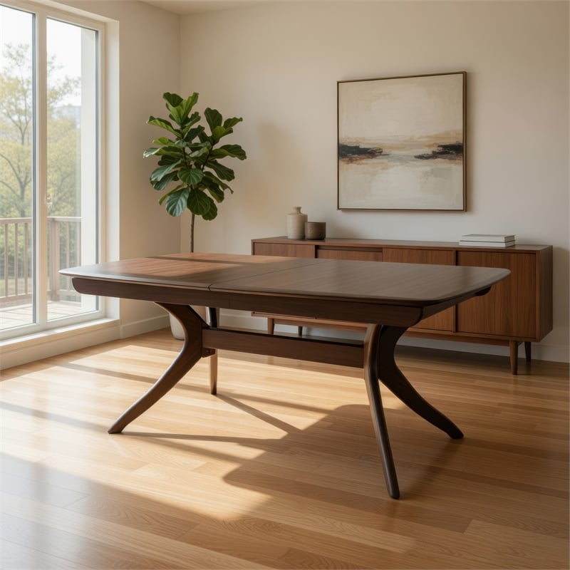 Pemberly Row 82 to 102 Inch Dining Table Curved Legs Extendable Brown Wood