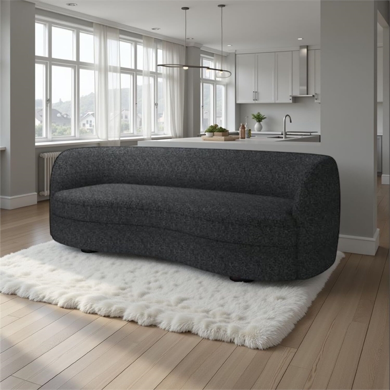 Pemberly Row 84 Inch Sofa Plush Black Boucle Curved Kidney Shape