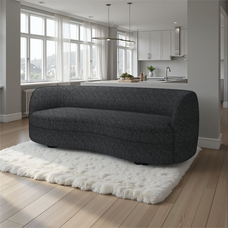 Pemberly Row 84 Inch Sofa Plush Black Boucle Curved Kidney Shape