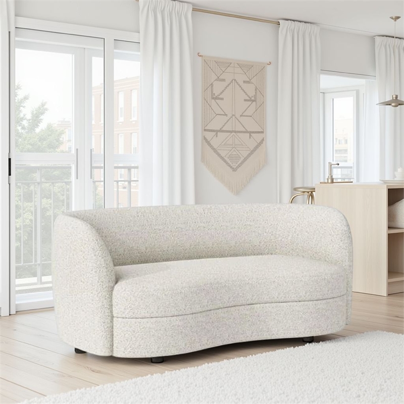 Pemberly Row 64 Inch Loveseat Modern White Boucle Curved Kidney Shape