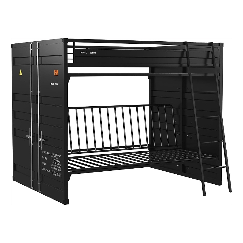 Pemberly Row Twin Size Bunk Bed with Futon Sofa Base Modern Black Metal Frame