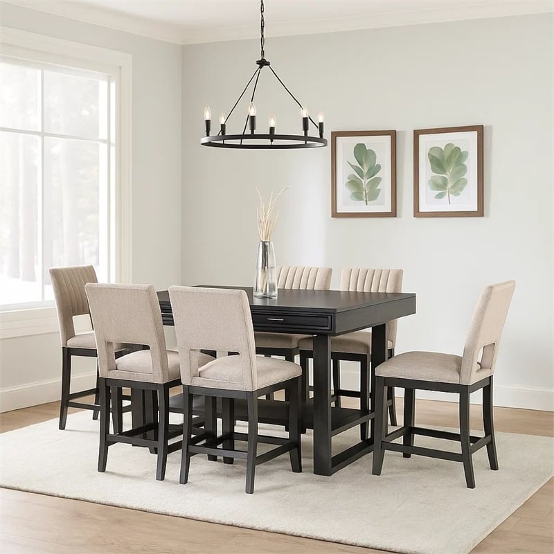 Pemberly Row Counter Height Table with Drawer Trestle Base Solid Wood Gray