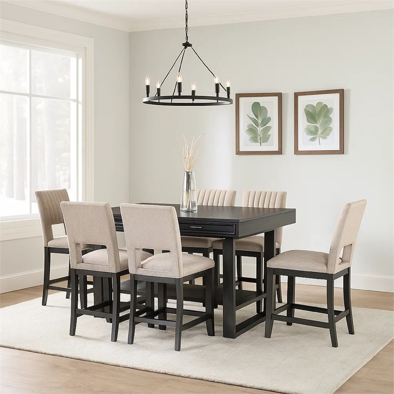 Pemberly Row Counter Height Table with Drawer Trestle Base Solid Wood Gray