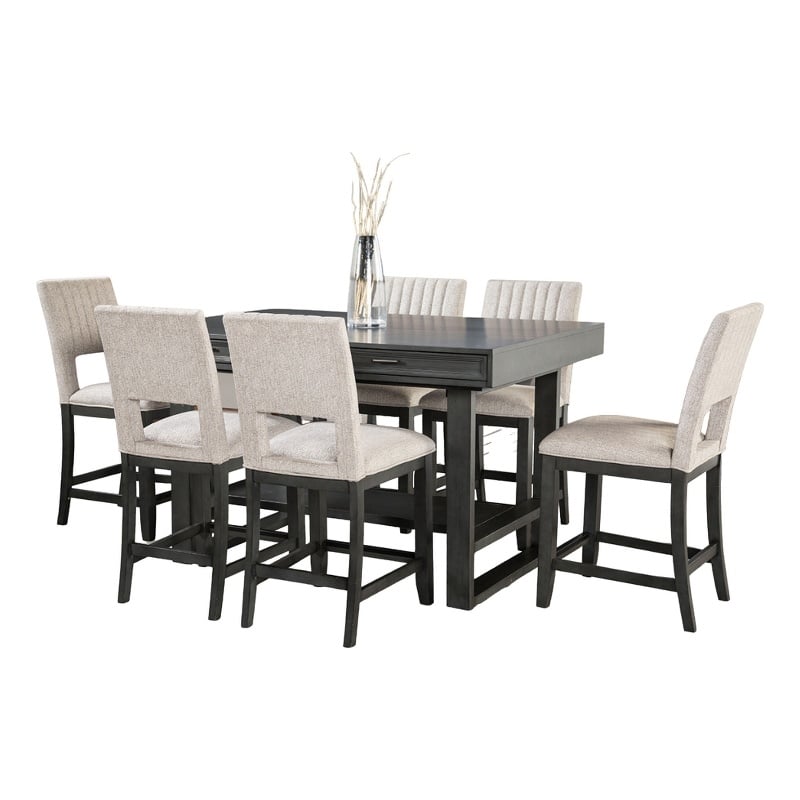 Pemberly Row Counter Height Table with Drawer Trestle Base Solid Wood Gray