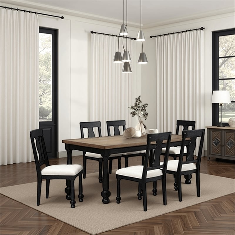 Pemberly Row 78 Inch Dining Table Farmhouse Legs Rectangular in Oak Black Wood