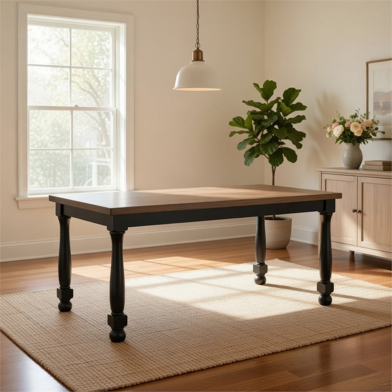 Pemberly Row 78 Inch Dining Table Farmhouse Legs Rectangular in Oak Black Wood