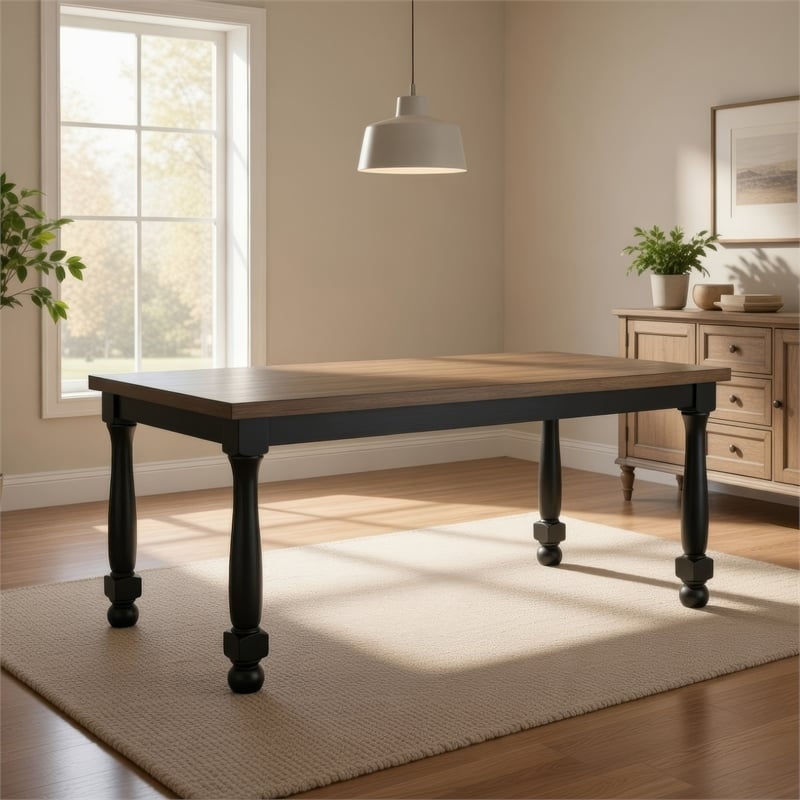 Pemberly Row 78 Inch Dining Table Farmhouse Legs Rectangular in Oak Black Wood
