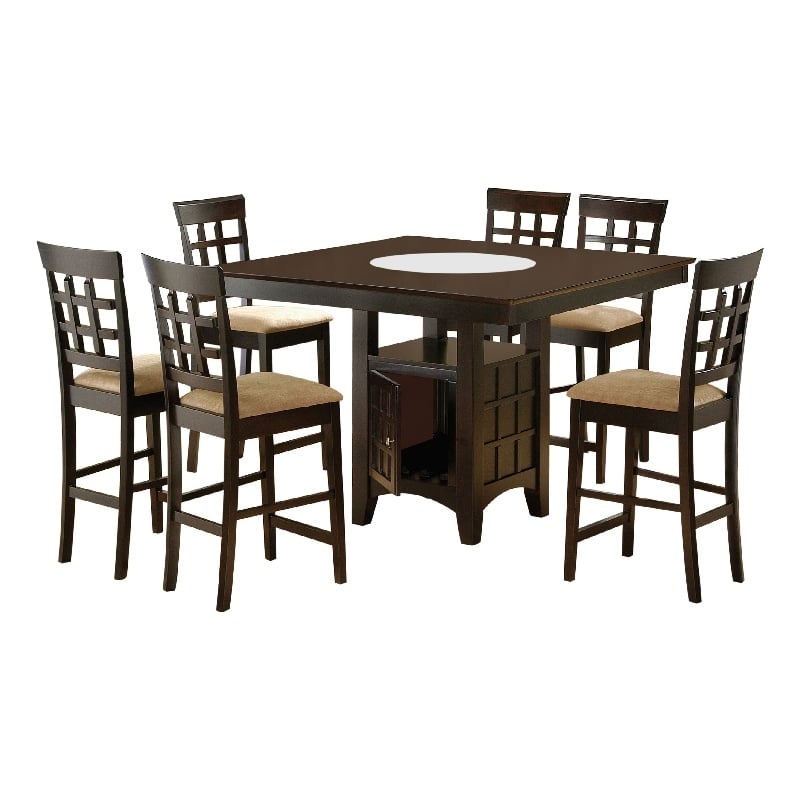 Pemberly Row Counter Height Dining Table w/ Wine Storage 6 Lattice Chairs Brown