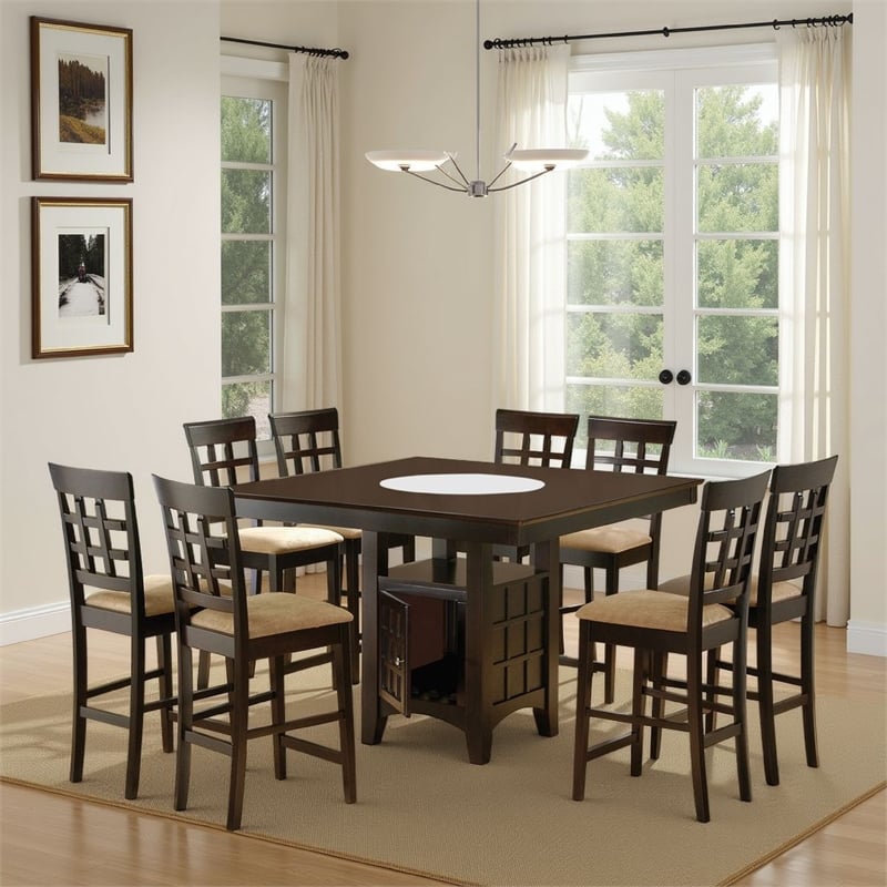 Pemberly Row Counter Height Dining Table w/ Wine Storage 8 Lattice Chairs Brown