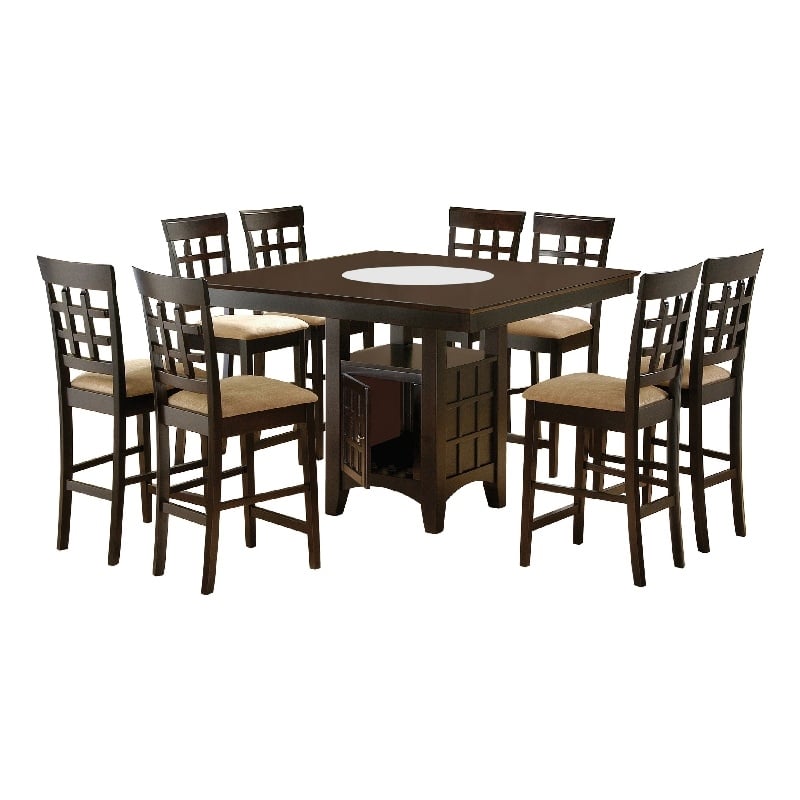 Pemberly Row Counter Height Dining Table w/ Wine Storage 8 Lattice Chairs Brown