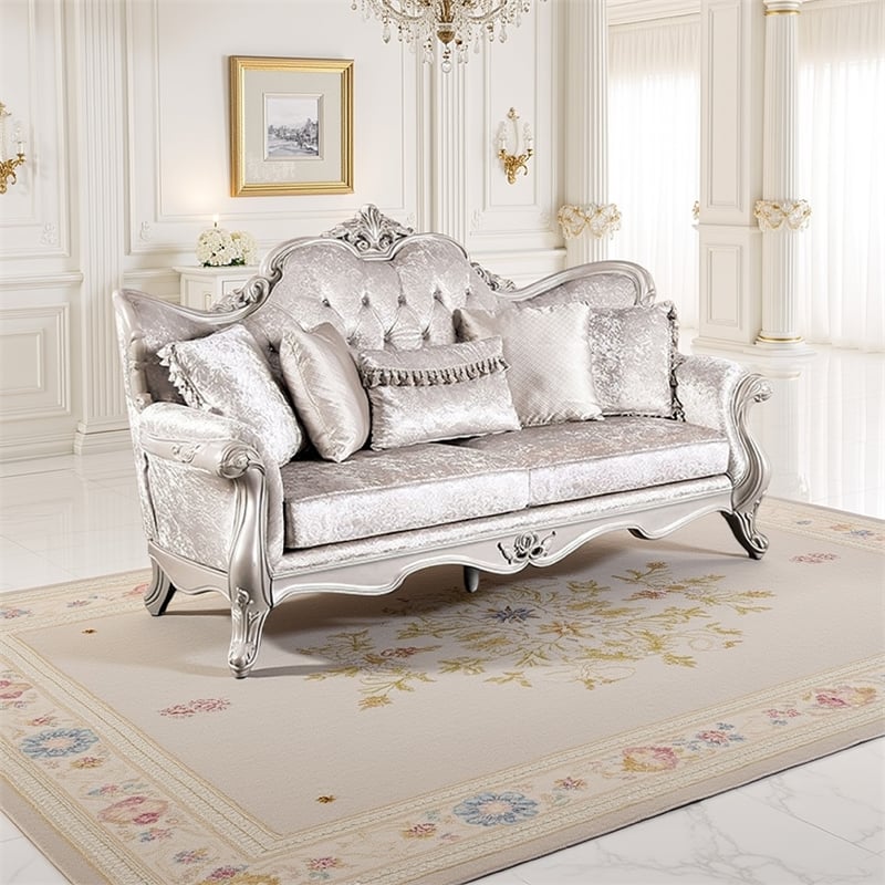 Pemberly Row 85 Inch Sofa in Off White Fabric Carved Silver Solid Wood Frame