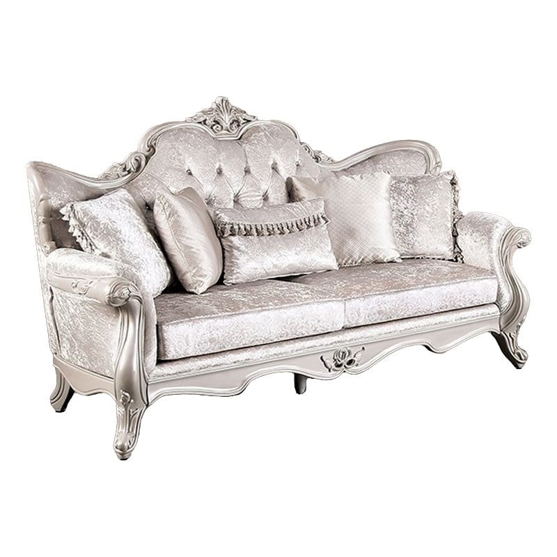 Pemberly Row 85 Inch Sofa in Off White Fabric Carved Silver Solid Wood Frame