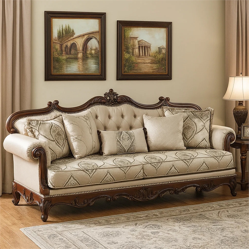Pemberly Row 90 Inch Sofa Button Tufted in Beige Rolled Arms Cherry Brown Wood