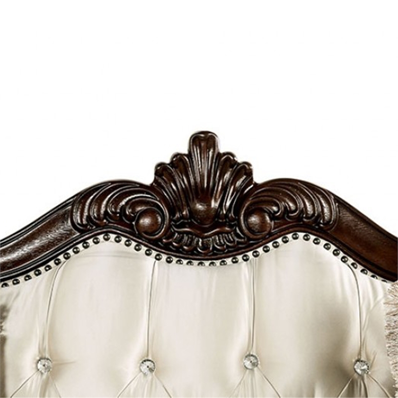 Pemberly Row 90 Inch Sofa Button Tufted in Beige Rolled Arms Cherry Brown Wood