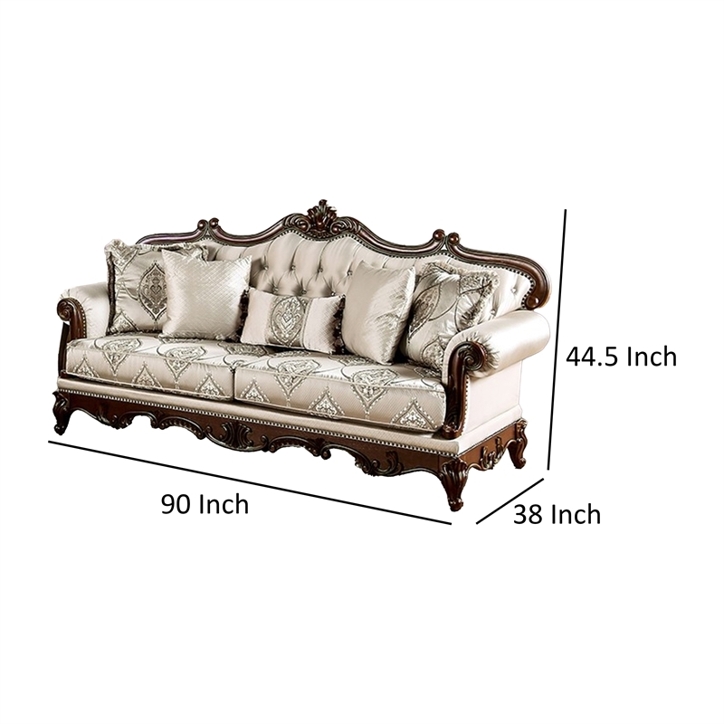 Pemberly Row 90 Inch Sofa Button Tufted in Beige Rolled Arms Cherry Brown Wood