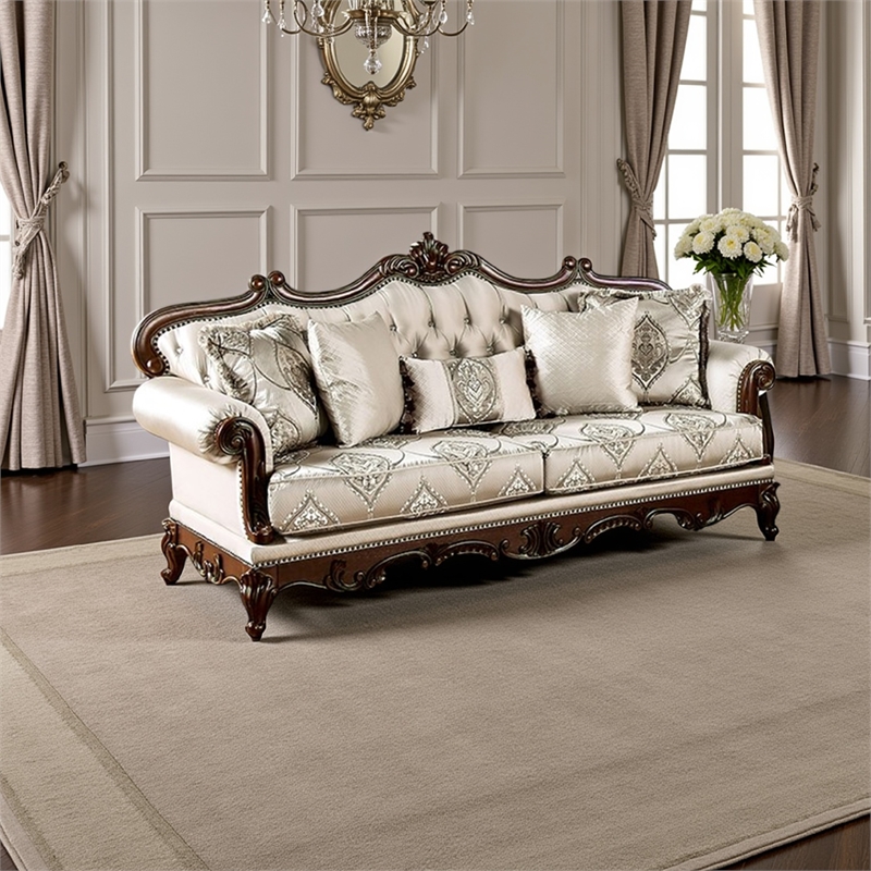 Pemberly Row 90 Inch Sofa Button Tufted in Beige Rolled Arms Cherry Brown Wood