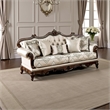 Pemberly Row 90 Inch Sofa Button Tufted in Beige Rolled Arms Cherry Brown Wood