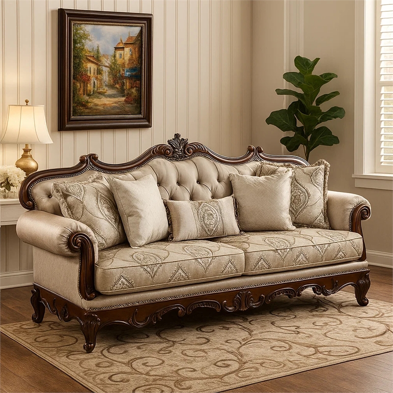 Pemberly Row 90 Inch Sofa Button Tufted in Beige Rolled Arms Cherry Brown Wood