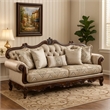 Pemberly Row 90 Inch Sofa Button Tufted in Beige Rolled Arms Cherry Brown Wood