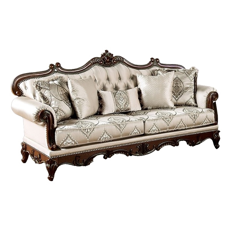 Pemberly Row 90 Inch Sofa Button Tufted in Beige Rolled Arms Cherry Brown Wood